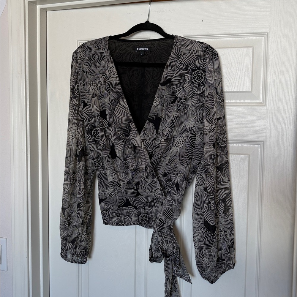 Express Black and Gray Floral Wrap Top